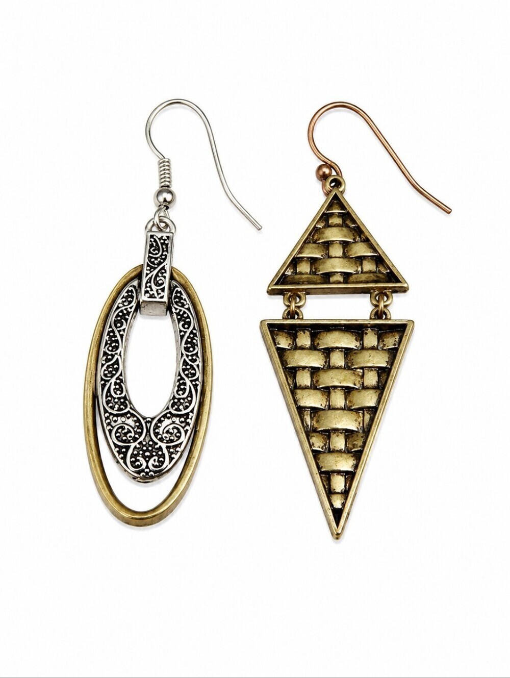VTG Mismatched Two Tone Basket Weave Spike Castlecore Dangle Earrings